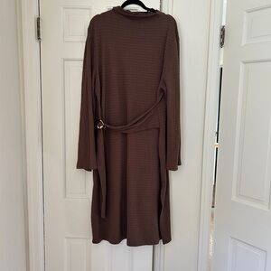 Cider Brown Long Sleeve Waffle Knit Belted Dress